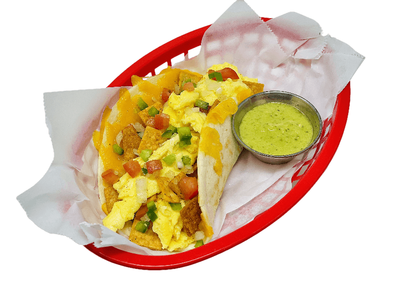 Migas, cheese & avocado breakfast tacos